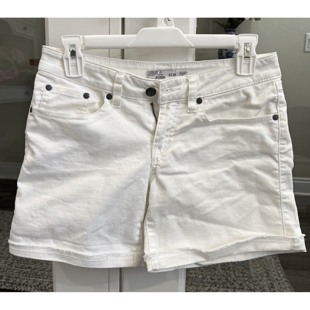PrAna Women’s White Denim Shorts Size 0/25 Organic Cotton Stretch Raw Hem